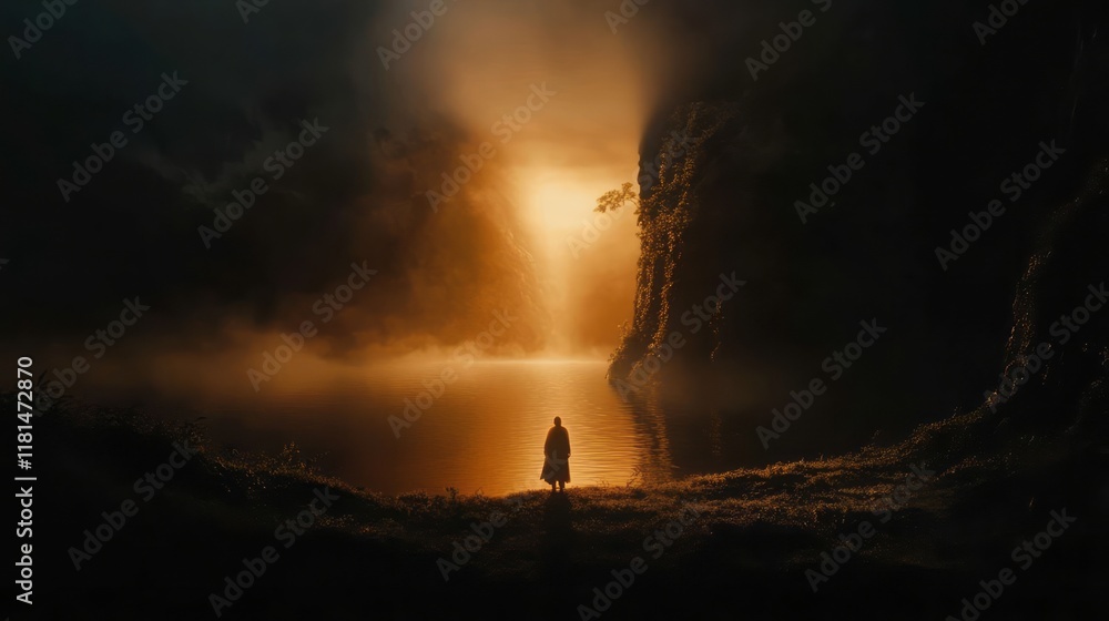 Fototapeta premium Silhouette of a man on the shore, at dusk, looking towards the blurred sunlight that illuminates the water in front of him from the horizon