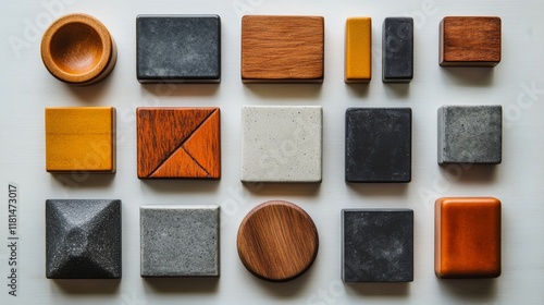 Variety of geometric shapes made from different materials arranged on a flat ...