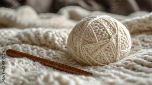 Soft yarn ball and wooden crochet hook on cozy knitted blanket