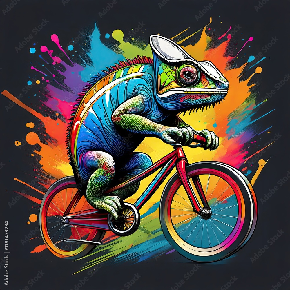 Colorful Chameleon on Bicycle with Vibrant Splash Background Colorful Chameleon on Bicycle with Vibrant Splash Background