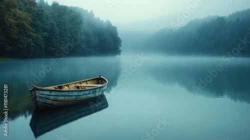 Tranquil wooden boat floating on calm lake surrounded by misty forest at dawn