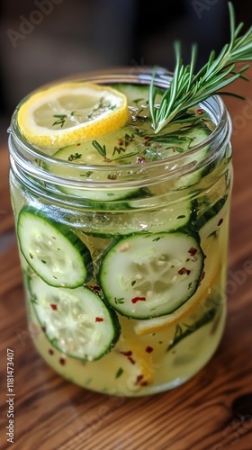Fresh cucumber and lemon slices preserved in a jar on a wooden surface outside