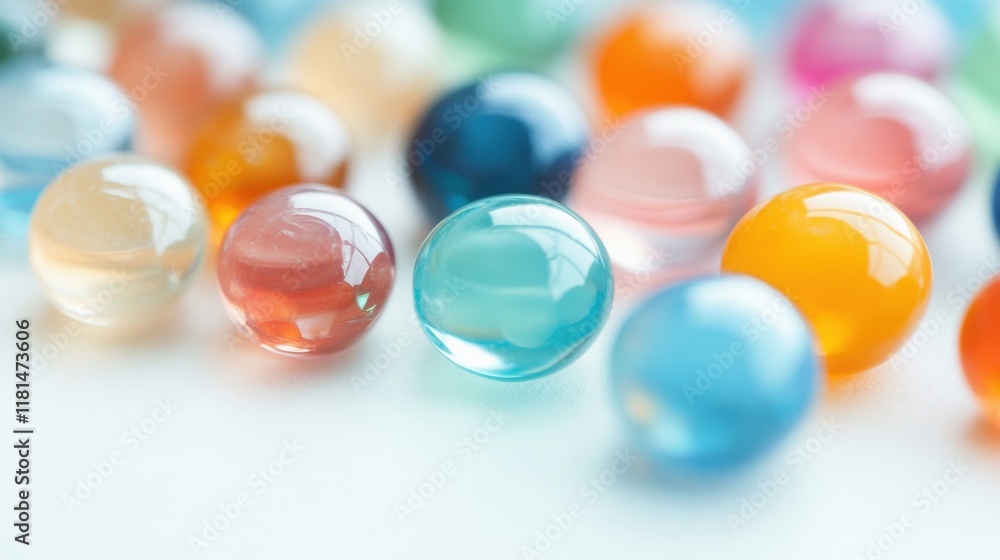 A collection of colorful glass marbles lies on a white surface, showcasing various hues and intricate designs that captivate the eye A collection of colorful glass marbles lies on a white surface, showcasing various hues and intricate designs that captivate the eye