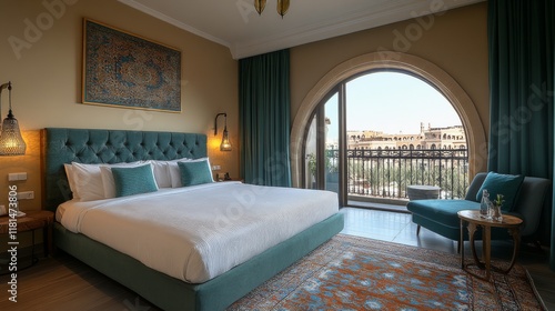 Modern hotel room with balcony overlooking tropical landscape during the day