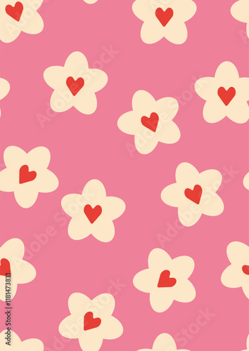 Cute pink seamless pattern with daisies and hearts. Wrapping paper, cover, print for fabrics, wallpaper