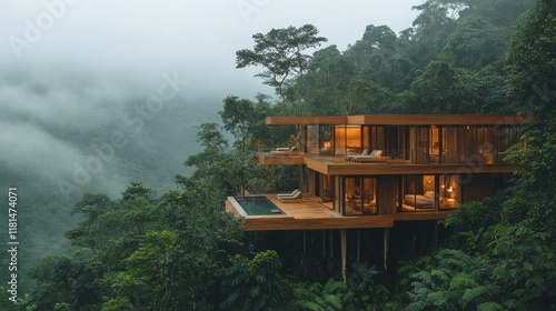 Modern wooden house perched on a hillside surrounded by lush green rainforest...