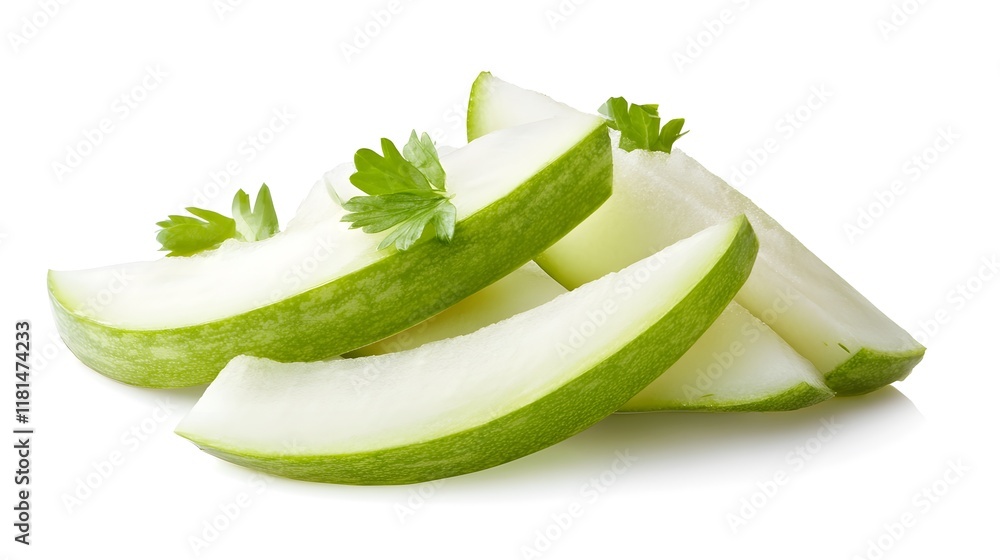 Sliced Spring onion Sliced Winter melon isolated on a white background Sliced Spring onion Sliced Winter melon isolated on a white background
