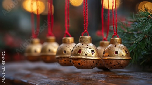 Holiday decoration featuring golden ornaments and red ribbons on a white wall...
