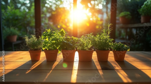 Fresh herbs in decorative pots on a wooden kitchen table with natural light
