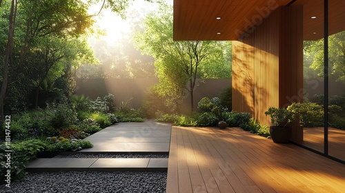 Serenity of a modern garden at sunrise with lush greenery and wooden architec...