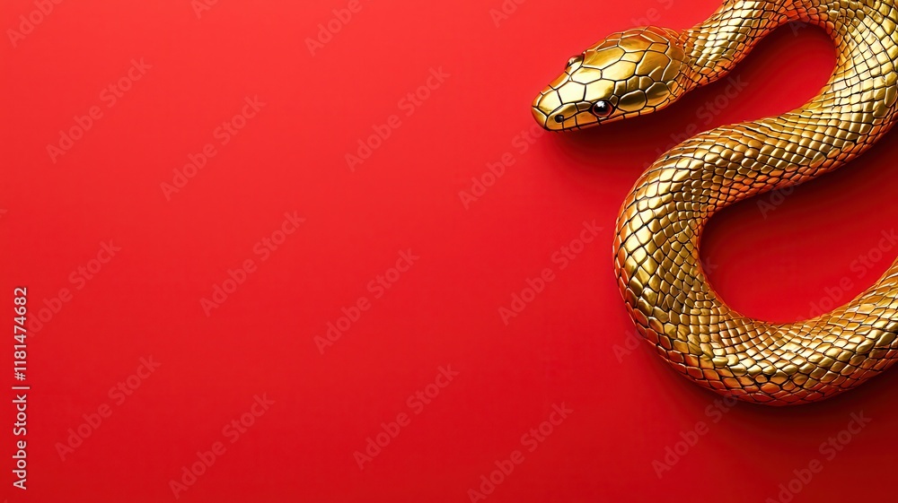 Fototapeta premium A golden snake slithers gracefully across a vibrant red background, creating a striking contrast and an eye-catching composition.
