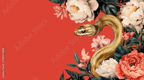 A golden snake entwines through vibrant floral arrangements against a bold coral background, creating a striking contrast and a sense of elegance. photo