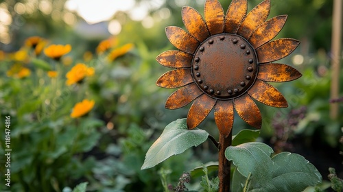 Bright sunflower sculpture adorned with vibrant leaves in a lush garden setting