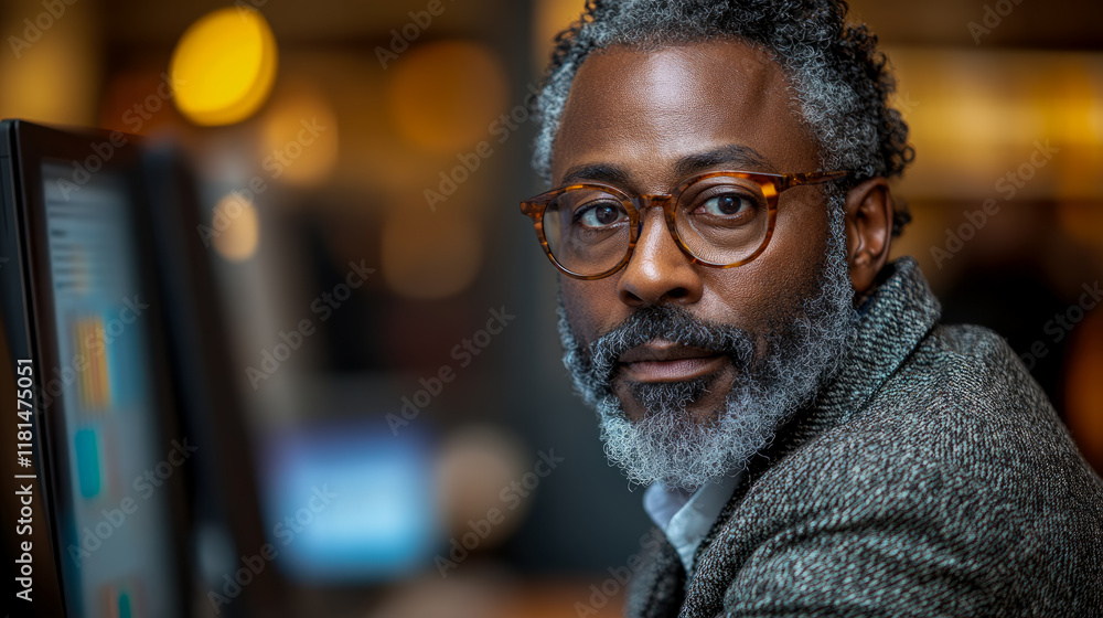 Portrait of a Confident Man with Glasses, Working at a Computer in a Modern Office Setting Portrait of a Confident Man with Glasses, Working at a Computer in a Modern Office Setting