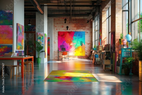 Bright and modern office space filled with colorful artwork and open design