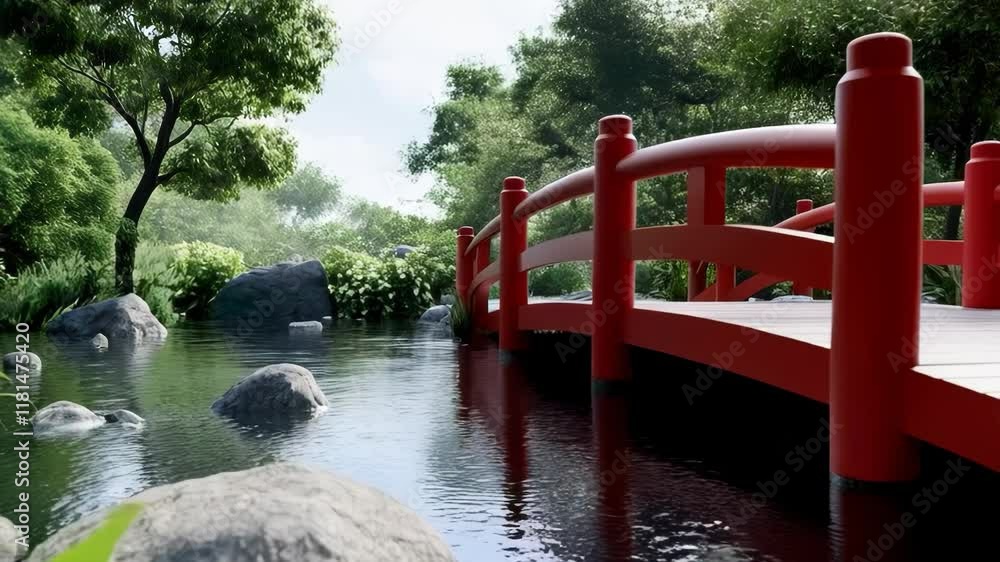 Serene red bridge over calm water in a lush garden setting surrounded by greenery and stones Serene red bridge over calm water in a lush garden setting surrounded by greenery and stones