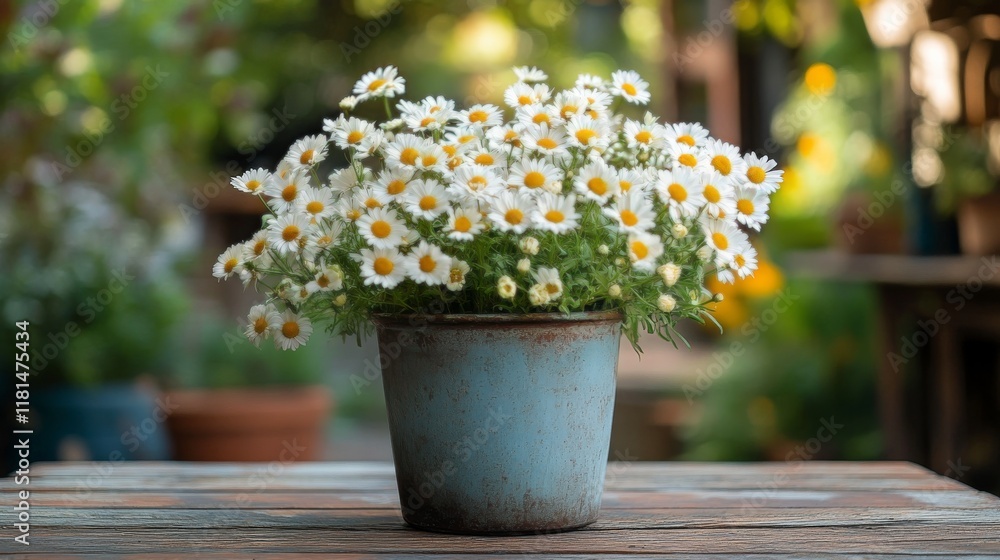 Beautiful daisies blooming in a rustic pot on a wooden table during a gentle rain Beautiful daisies blooming in a rustic pot on a wooden table during a gentle rain