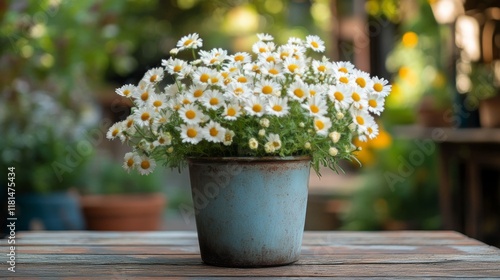 Beautiful daisies blooming in a rustic pot on a wooden table during a gentle ...