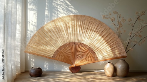 Elegant wooden fan displayed on a neutral background with delicate shadows at...