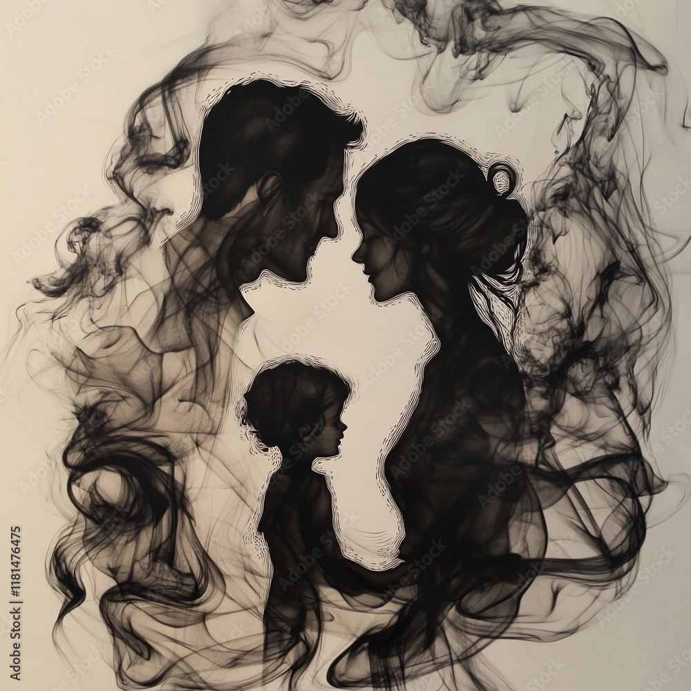 Fototapeta premium Silhouettes of a loving family surrounded by swirling smoke showing deep connection in an artistic representation of unity