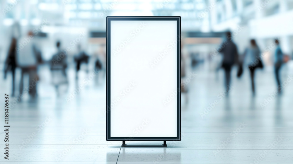 Blank digital kiosk in busy airport terminal with people walking around Blank digital kiosk in busy airport terminal with people walking around
