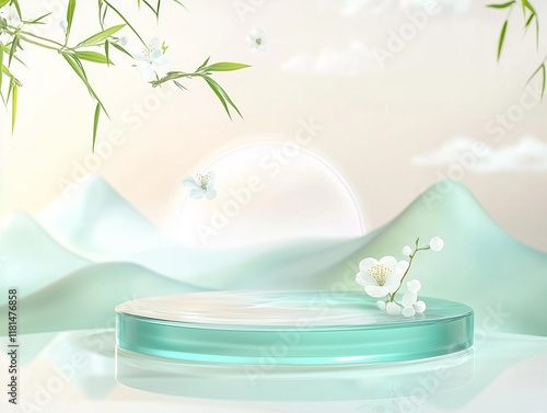 A light blue and green glass podium with water ripples, small white flowers on the surface of mountains and clouds in Chinese style, bamboo leaves flying around, soft dreamy depiction