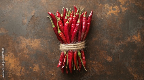 Red chili peppers tied with twine on a black background highlighting their vi...