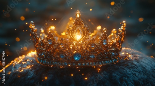 Elegant crown adorned with blue jewels resting on a soft surface in a serene ...