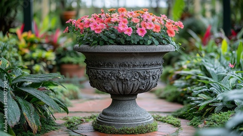 Vibrant flowers in decorative planter surrounded by lush greenery in a serene...