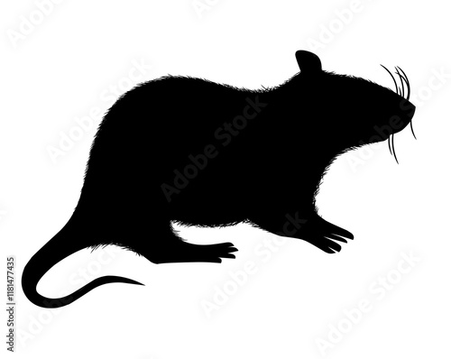 vector illustration, design element character, in the form of a black silhouette of a mouse or rat sitting with a tail, paws and ears on a white background