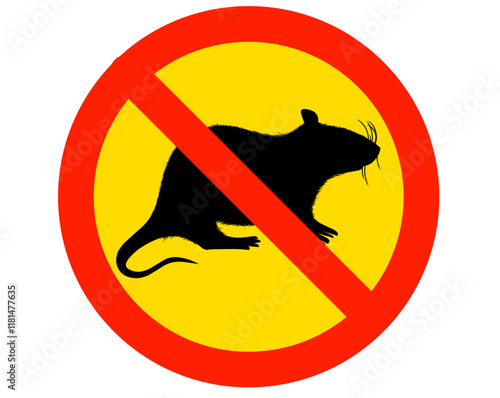 vector design element, in the form of a black silhouette of a mouse or rat sitting with its tail, paws and ears on a white background, crossed out with a red line as a sign prohibiting rat-free areas 