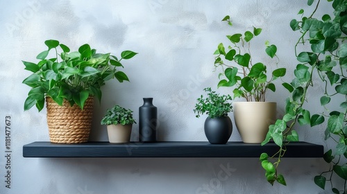 Lush green plants cascading over a black shelf against a dark green wall in a...
