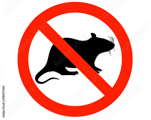 vector design element, in the form of a black silhouette of a mouse or rat sitting with its tail, paws and ears on a white background, crossed out with a red line as a sign prohibiting rat-free areas 