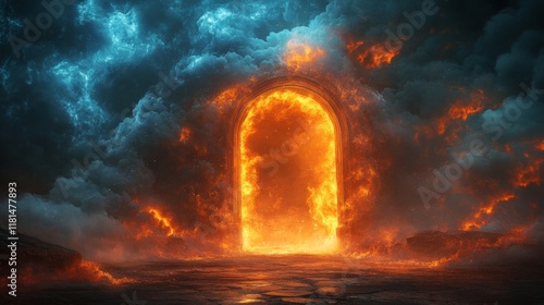 Mysterious fiery portal surrounded by dark clouds and glowing lights in a sur...