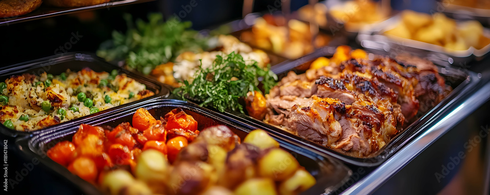 Obraz premium Delicious buffet food catering. Roast, potatoes, vegetables.