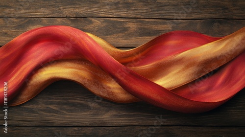 Gift wrapping accessories with red and gold ribbons on a wooden surface