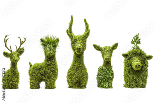 Collection of charming green animal topiary sculptures photo