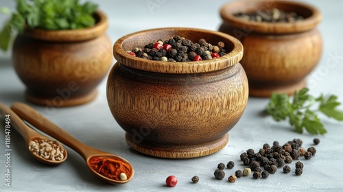 Colorful assortment of spices and herbs in glass jars on a kitchen counter