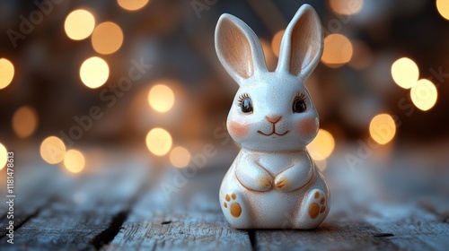 Cute decorative rabbit figurine placed on a wooden surface surrounded by gree...