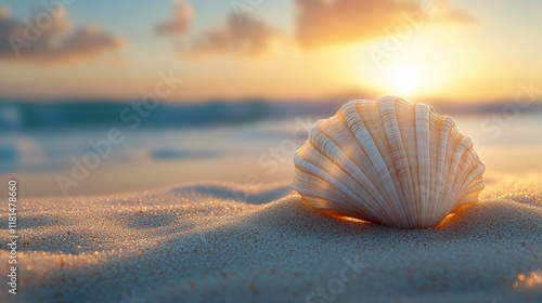 Beautiful orange shell resting on sandy beach near calm blue ocean