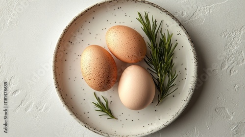 Fresh farm eggs arranged on a rustic plate with sprigs of rosemary in natural...