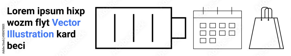 Card swipe machine, calendar, and shopping bag in simple black outlines with placeholder text. Ideal for business, finance, retail, scheduling, marketing commerce shopping. Landing page