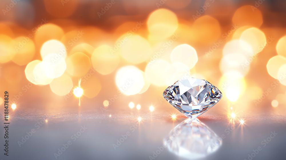 Fototapeta premium sparkling diamond on reflective surface with warm bokeh lights