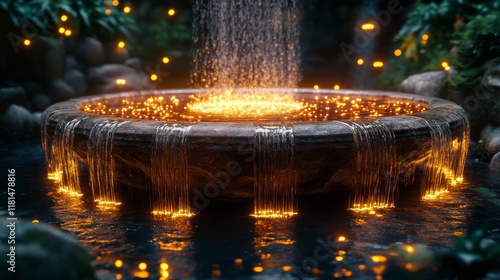 Enchanting illuminated fountain surrounded by lush greenery at twilight