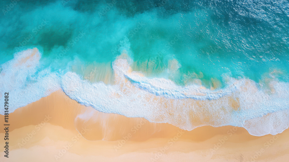Aerial view of golden beach and turquoise ocean with sunbathers Aerial view of golden beach and turquoise ocean with sunbathers
