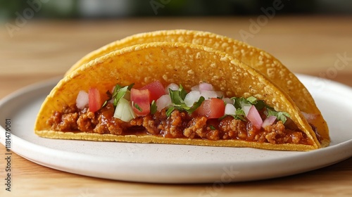 Delicious tacos filled with seasoned meat and fresh toppings on a plain plate
