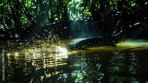 Electric eel producing luminous sparks in the dark depths of a jungle river, with shadows of submerged trees around photo