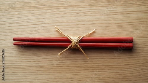 Red chopsticks tied together on a wooden table surface