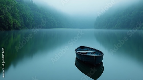 Calm waters reflect a solitary boat at sunset near a serene lake