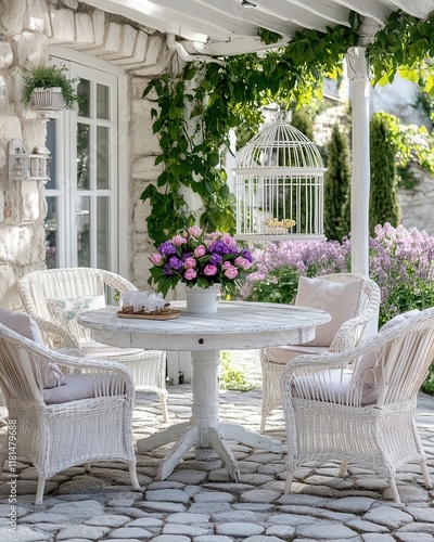 Shabby chic courtyard with white gazebo and vibrant flowers